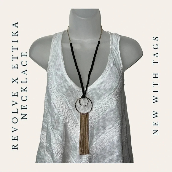 REVOLVE X ETTIKA 20”‎ NECKLACE CIRCLE WITH GOLF TASSELS/BLACK BRAIDED MATERIAL - Picture 1 of 9